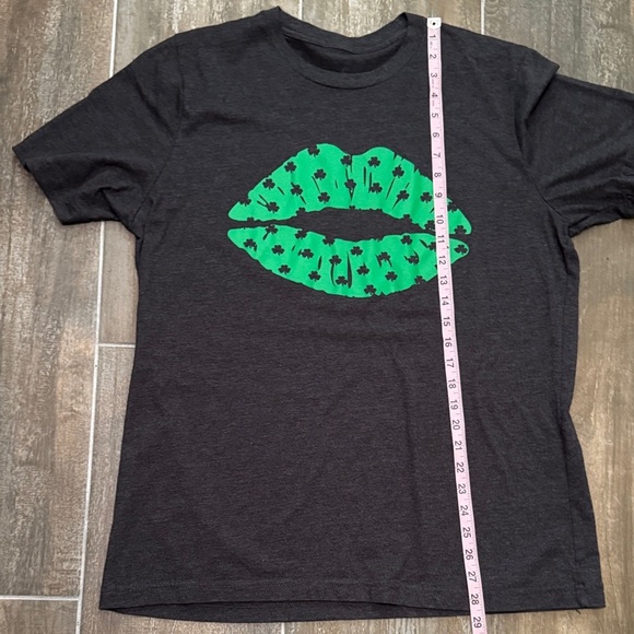 Bella Canvas Charcoal Tee with Green Lips and Clover Design - Picture 5 of 5